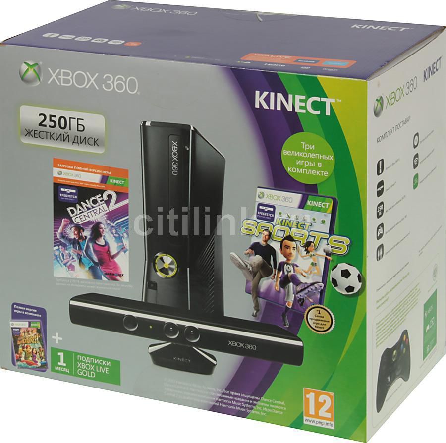 Характеристики Игровая консоль Microsoft Xbox 360 +2 игры: kinect  Adventures, kinect Sports, Dance Central 2 (код) +память 250Gb, S7G-00088,  250ГБ (712351) смотреть в СИТИЛИНК - Москва